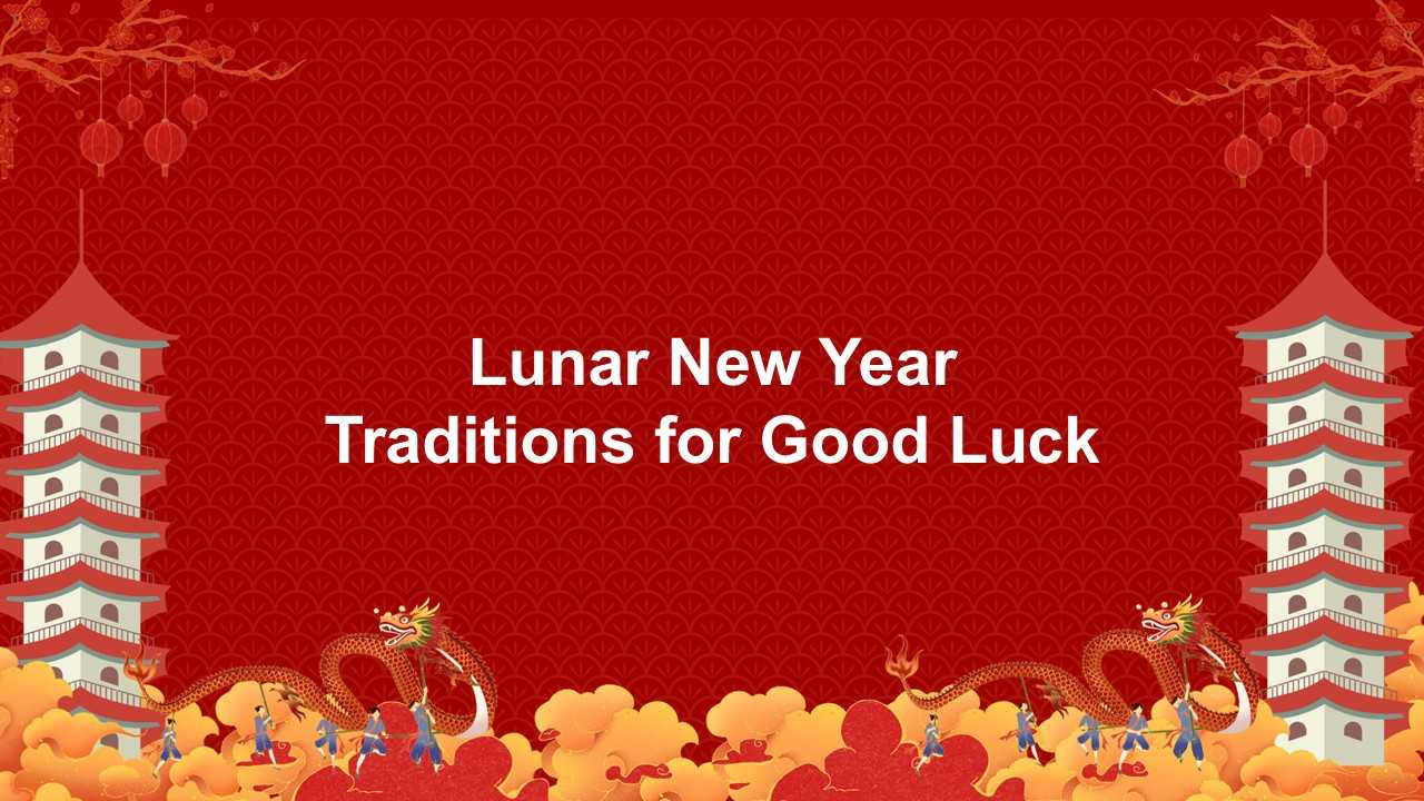 Lunar new year traditions for good luck template with red pattern background, center text holder, dragons, lanterns, pagoda towers.