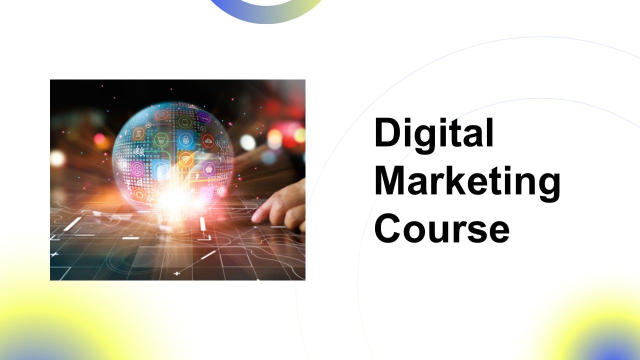 Digital marketing course template showing global tech sphere, soft gradient background, clear text area, and minimal professional design.