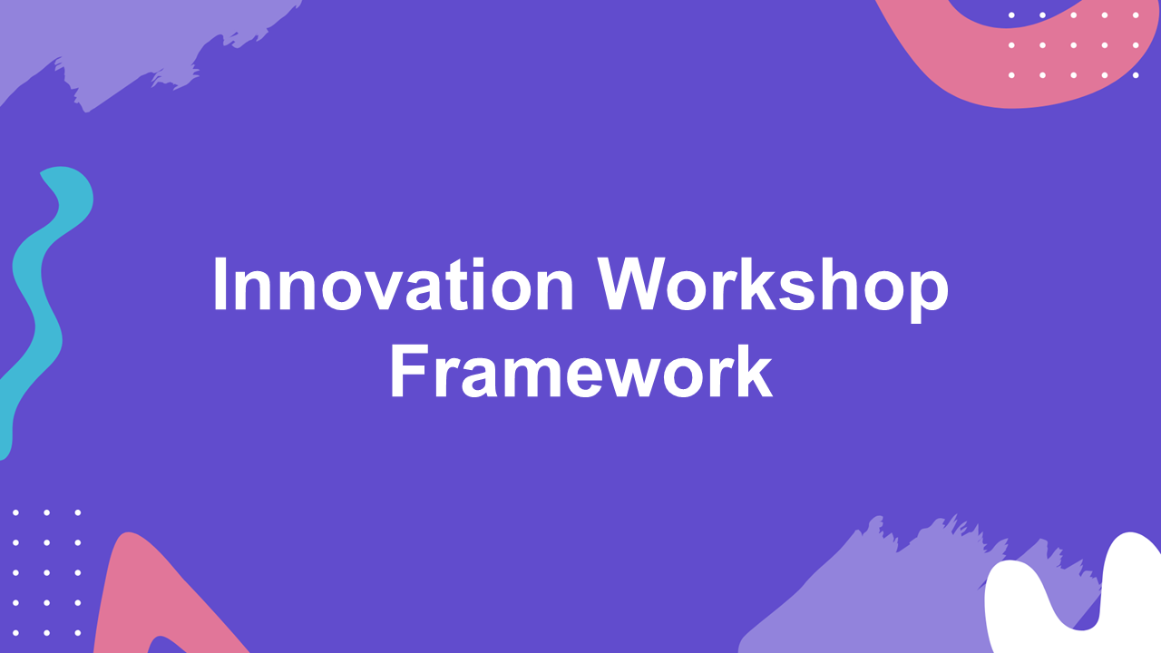 Innovation workshop framework template with purple background, abstract shapes, and structured layout for team ideation.