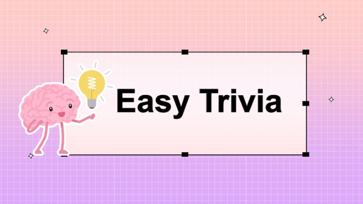 Easy Trivia title card featuring a brain cartoon, bright bulb, and white text box on a pink-to-purple gradient grid design with tiny sparkles.