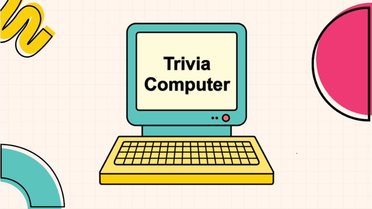 Playful trivia computer slide using multicolor theme, retro PC graphic, rounded shapes, and readable text holder.
