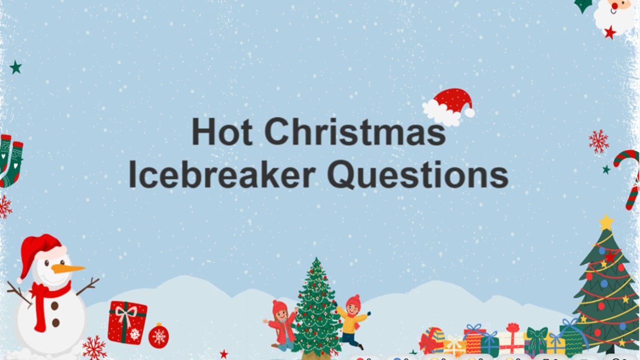 Hot Christmas Icebreaker Questions slide with blue snowy background, festive icons, and cheerful holiday design for group fun.
