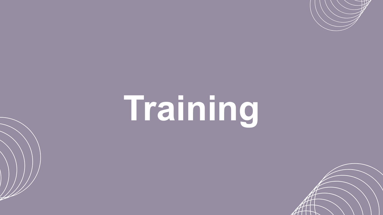 Training template with muted purple background, white bold text, curved line patterns, and clean layout for learning sessions.