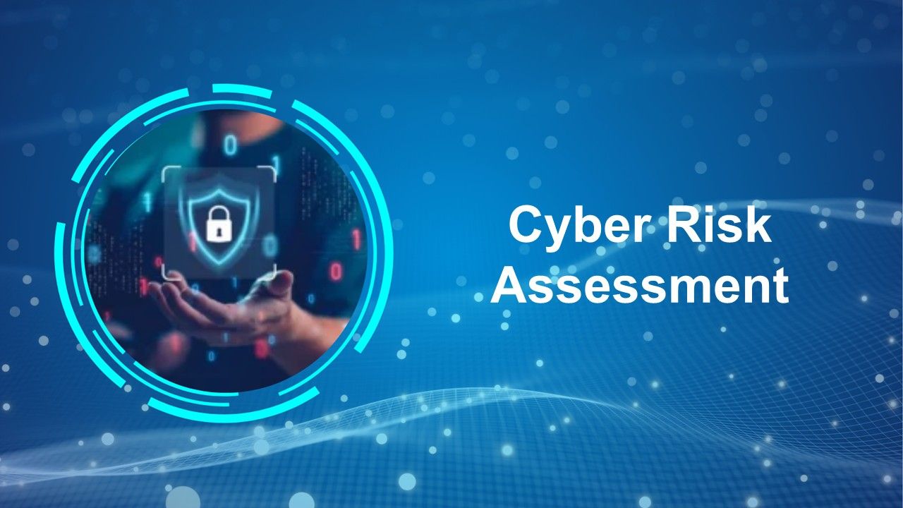 Cyber risk assessment template featuring cyber lock graphic, circular neon frame, and wave-style blue background.