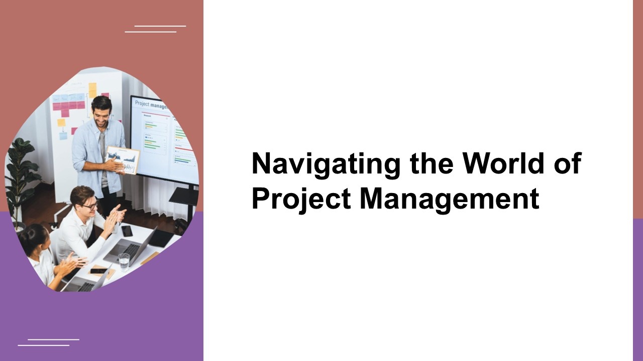 Navigating the world of project management template with team meeting photo, brown and purple blocks, circular image frame, and bold text holder.