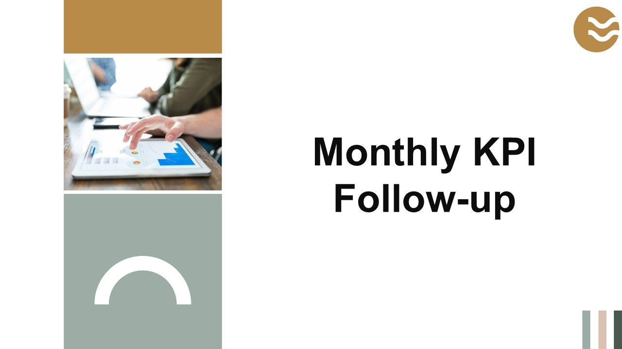 Monthly KPI follow-up template with tablet charts, neutral colors, clean blocks, and layout for performance review.