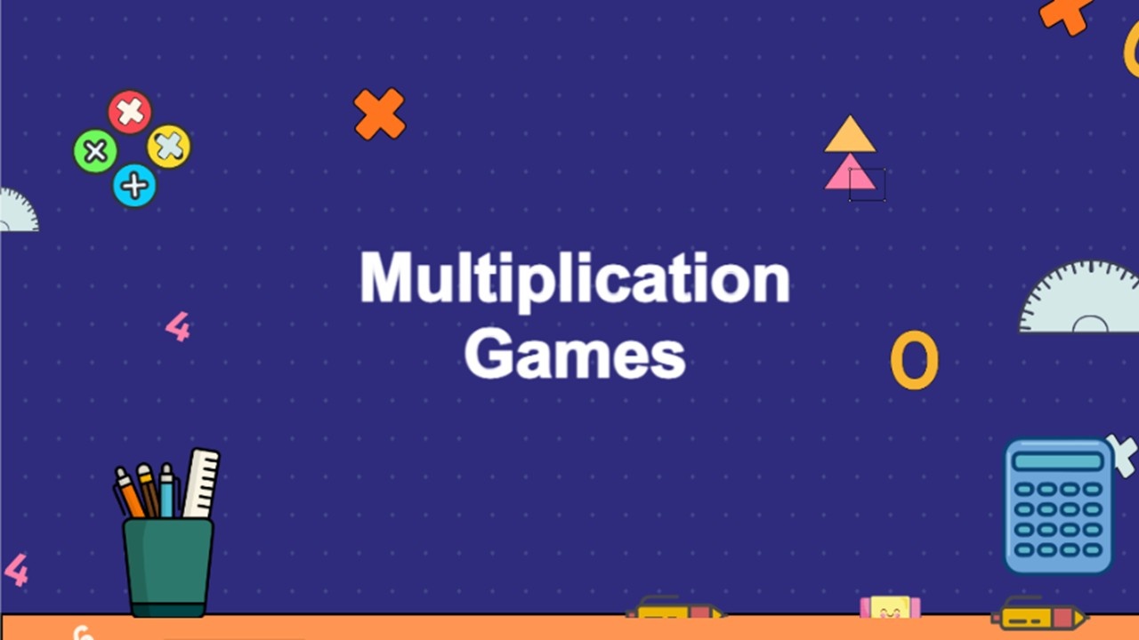 A dark blue Multiplication Games slide decorated with math icons, numbers, shapes, a calculator, pencils, and school-themed doodles.