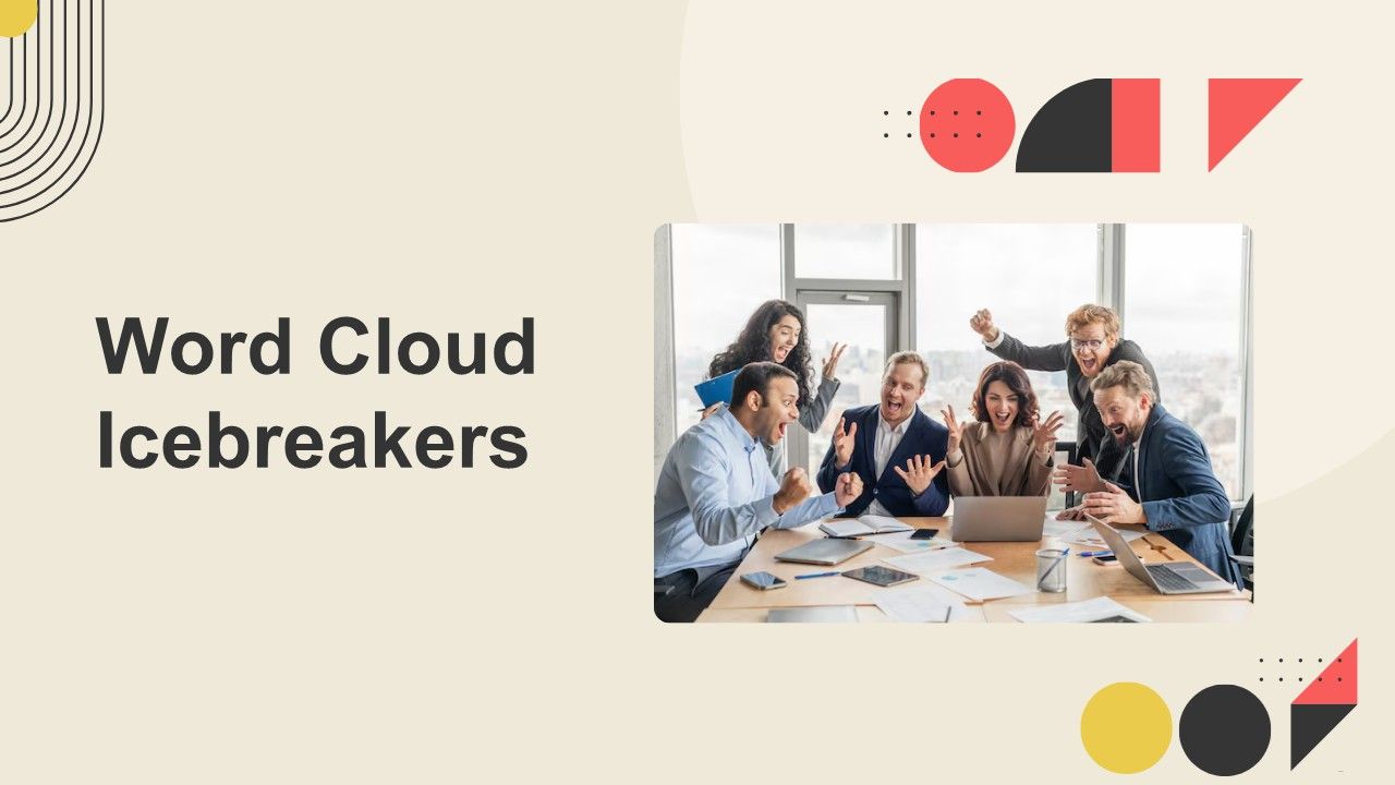 Word cloud icebreakers title slide with warm colors, geometric icons, centered text holder, and engaged office team.