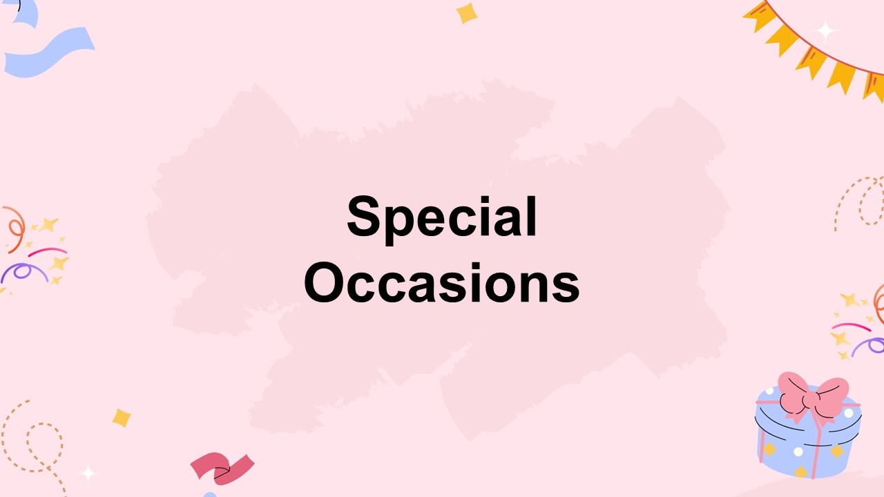 Special occasions template with soft pink background colorful confetti gift icons and centered title designed for fun celebration questions.