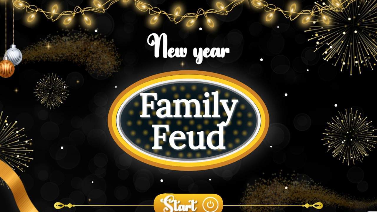 New year Family Feud slide with fireworks, festive lights, and game show title design.