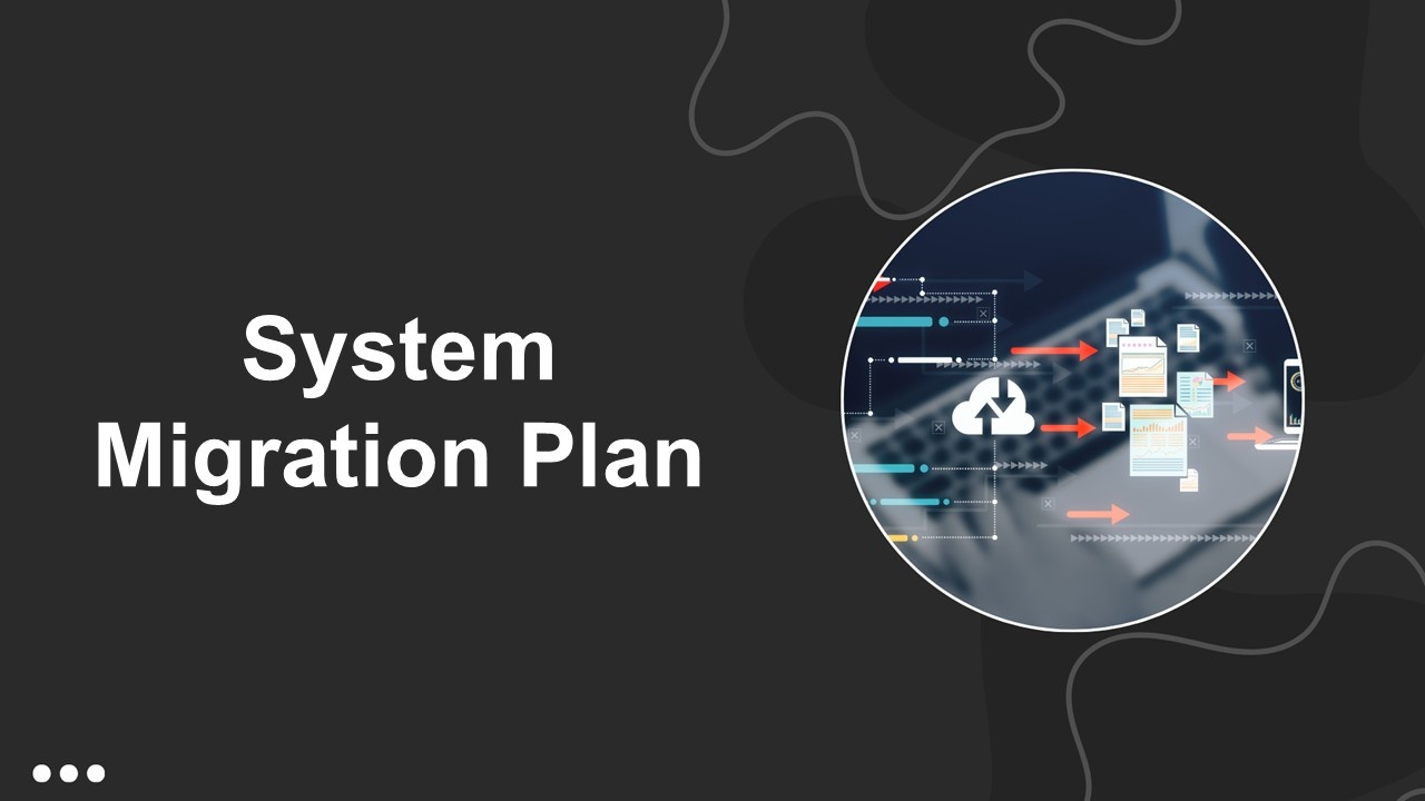 System migration plan template with dark background, circular tech image, arrows, data icons, and structured system transfer flow.