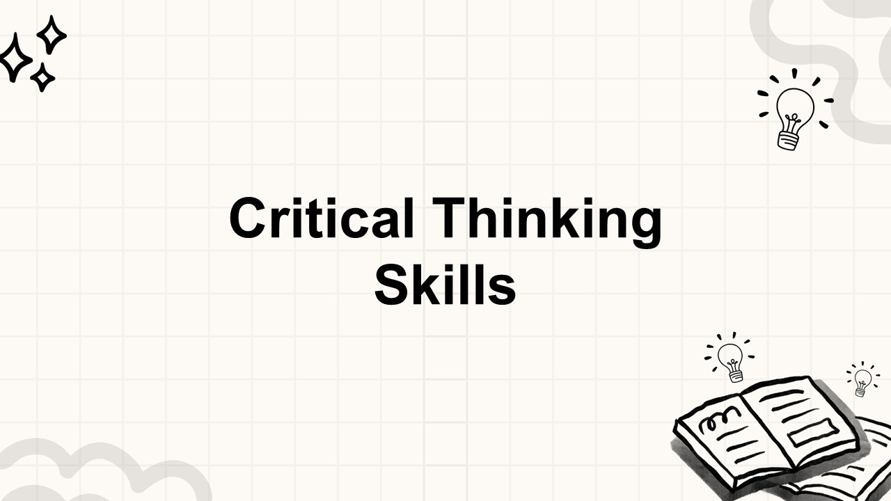 Critical thinking skills concept template featuring neat layout, idea symbols, soft background, learning focus.