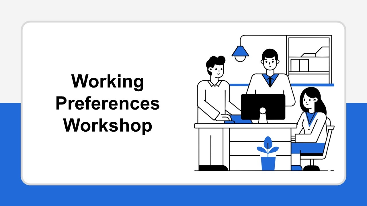Working Preferences Workshop template with flat characters, shared workspace, blue shapes, structured title layout.