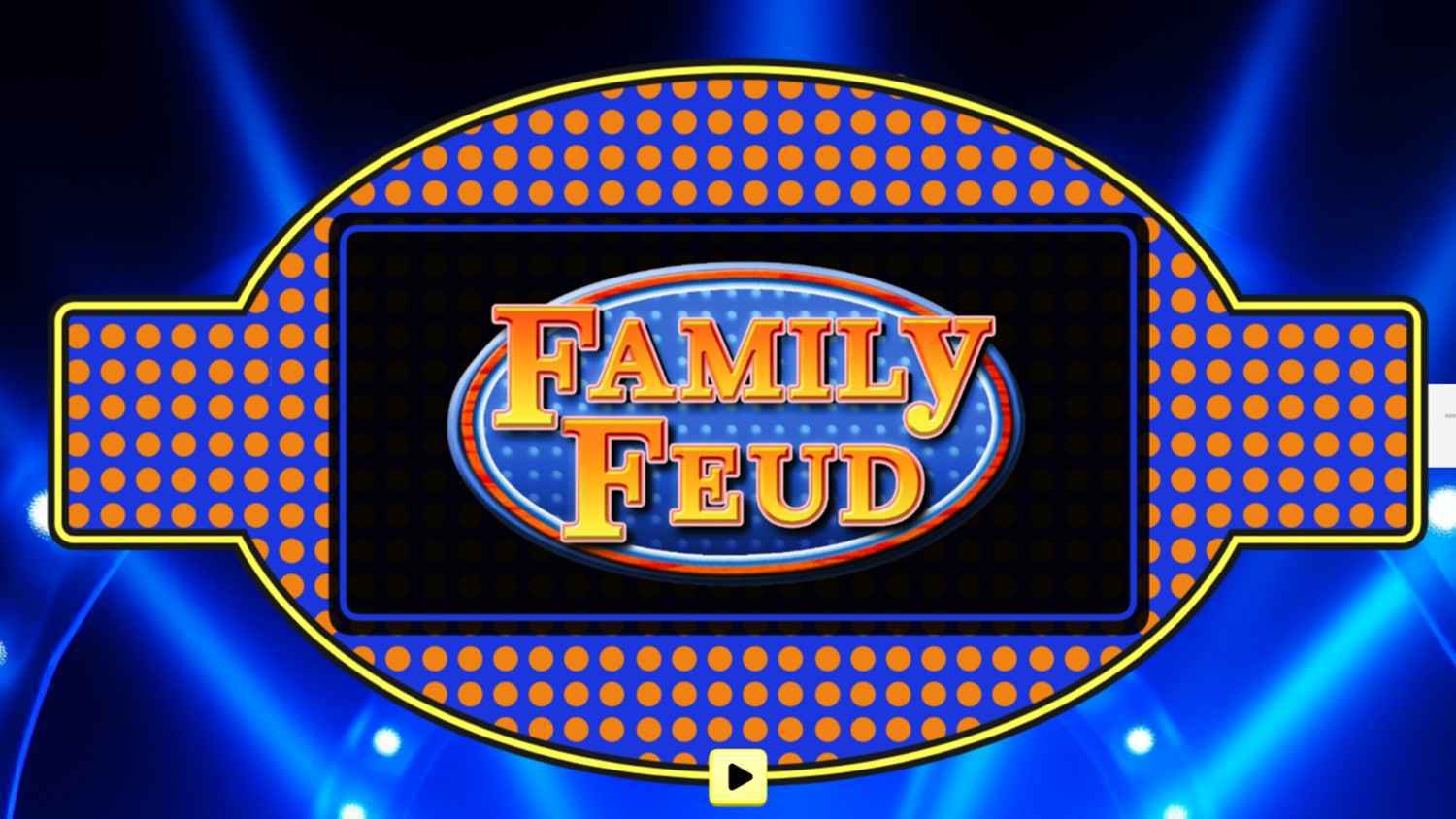 Family Quiz slide with game show board, blue spotlights, orange dot pattern, and bold title.