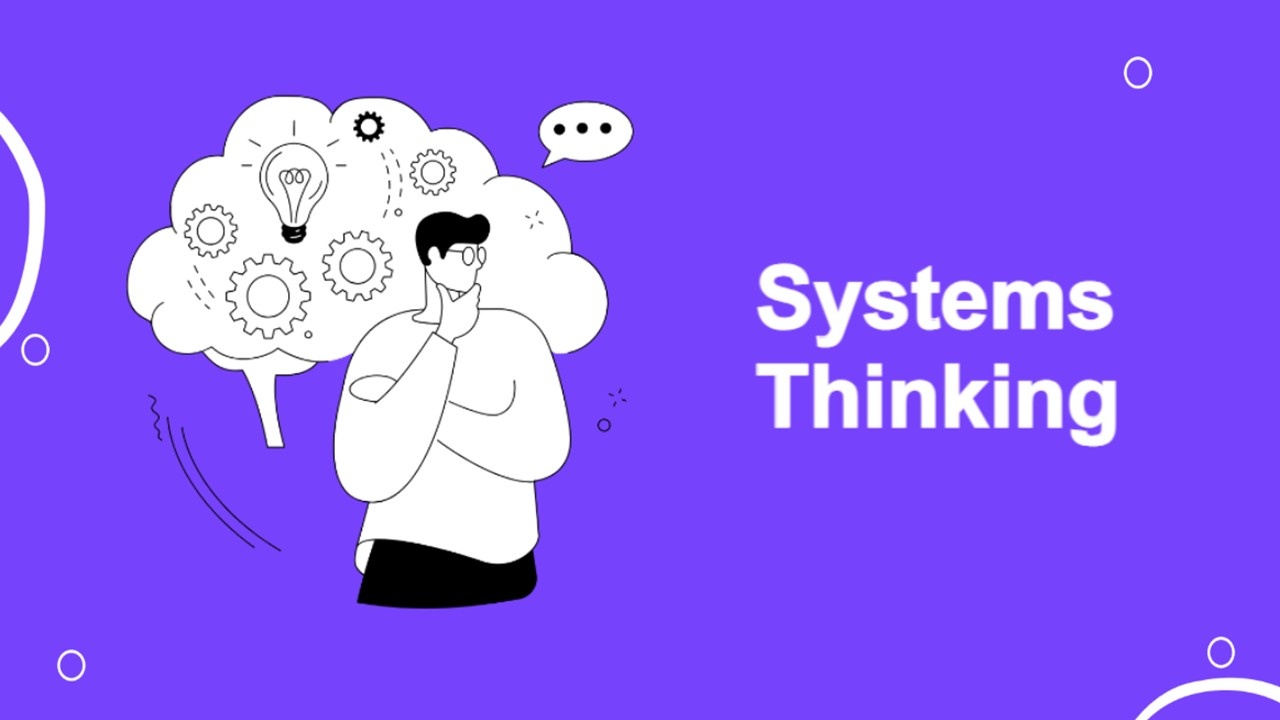 Systems thinking template with purple background, thoughtful person, gear icons, light bulb, showing connected ideas and problem solving.