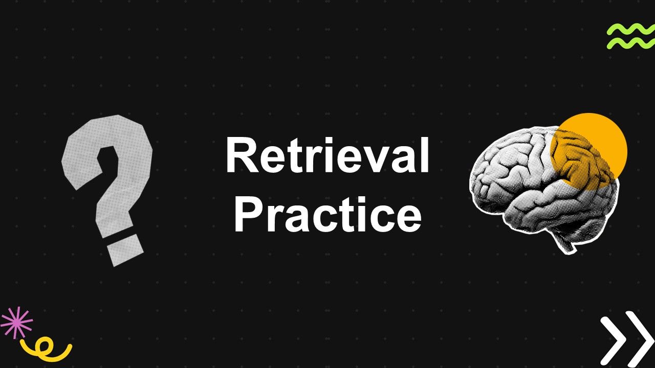 Retrieval practice template with dark background, question mark, brain graphic, yellow highlight, designed for active learning review.
