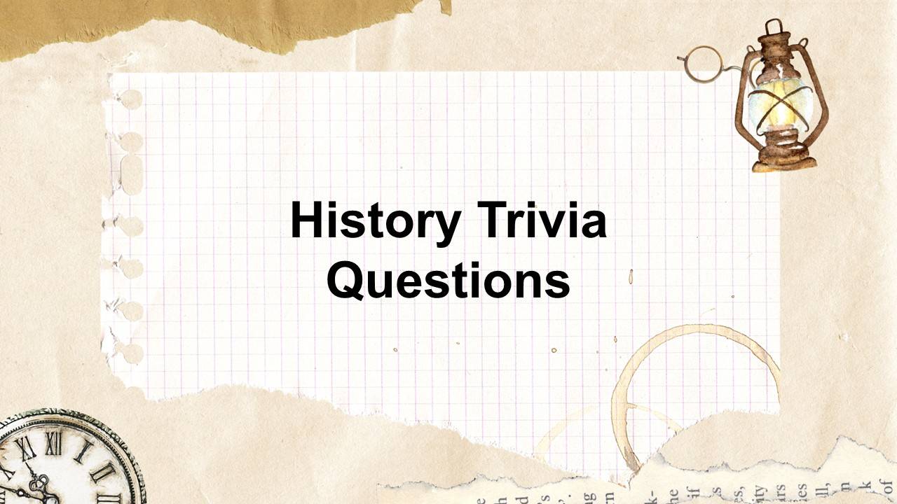 History trivia questions template with vintage paper background, grid notebook sheet, lantern icon, and classic history theme.