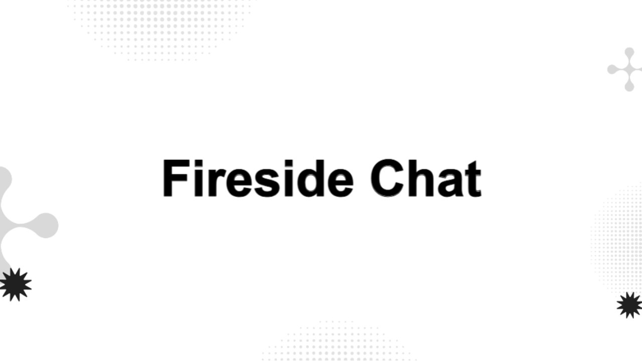 Fireside chat template with bold black text on white background, abstract dotted and organic shapes for open discussion.