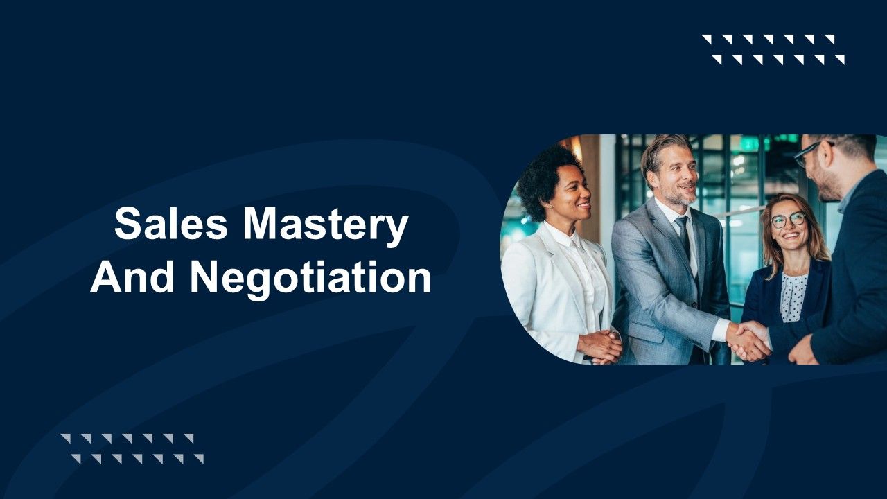 Sales mastery and negotiation template with dark blue background, white title text, circular photo of professionals Sales.