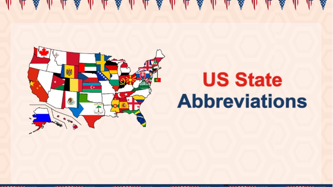 A US State Abbreviations cover slide featuring a flag-patterned US map on a beige hex background with red-blue decorative banners.