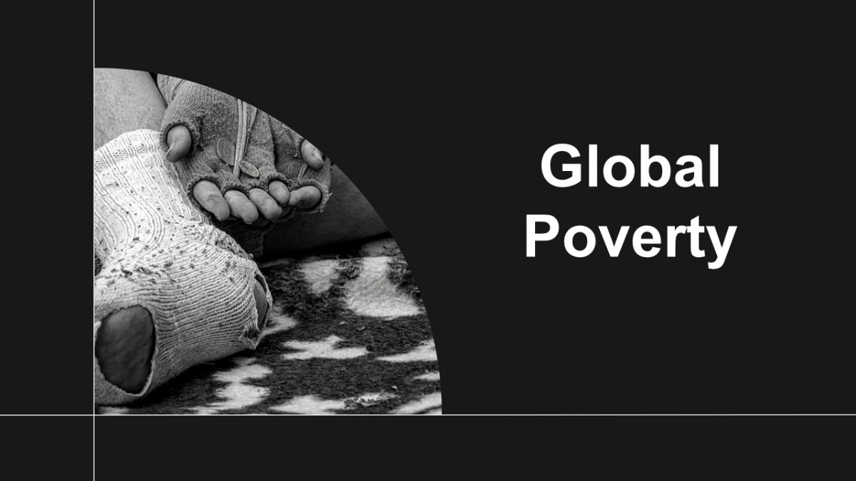 Global poverty template with black background, grayscale photo of worn hands, curved frame, and white title for awareness topic.