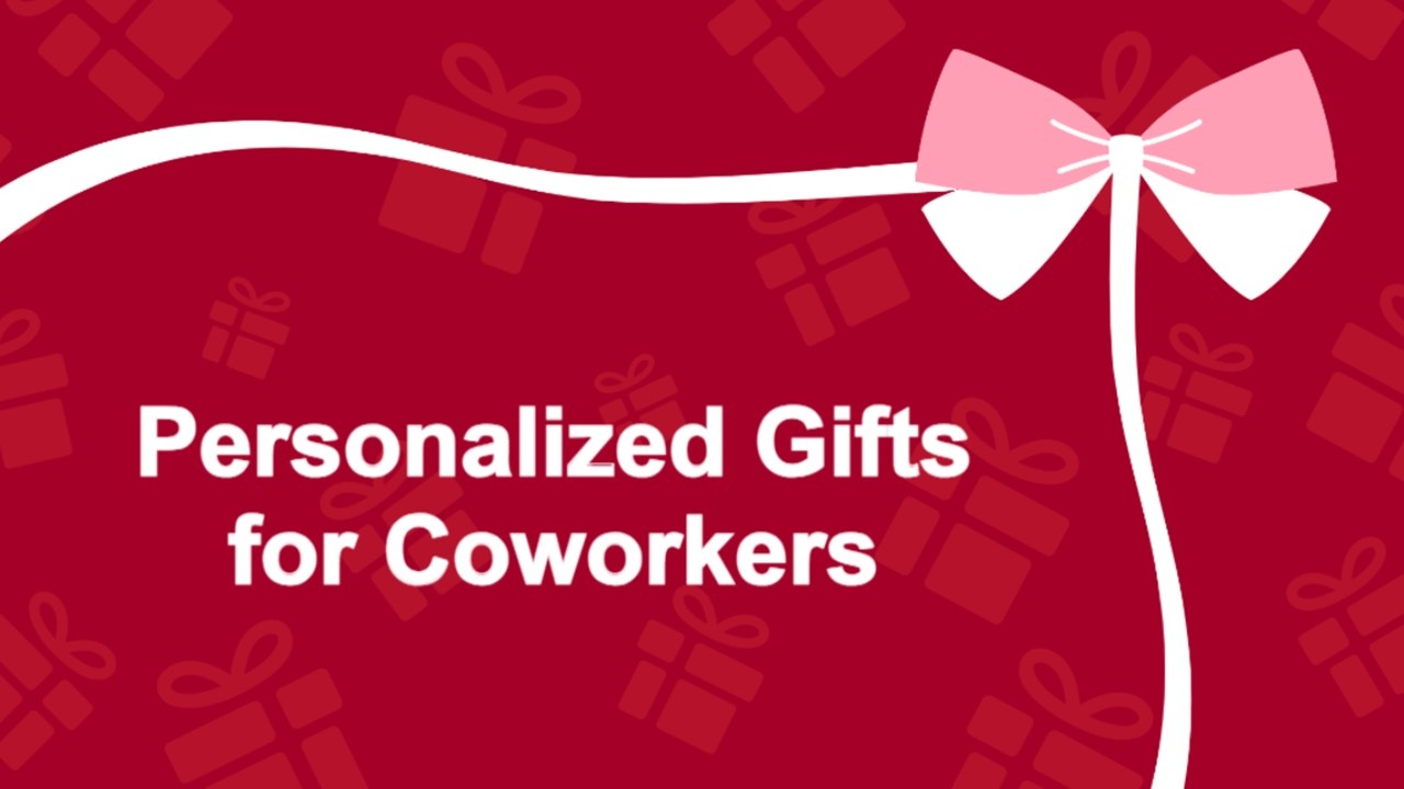 Personalized gifts for coworkers template with red background, white ribbon bow, gift icons, and festive office gifting theme.
