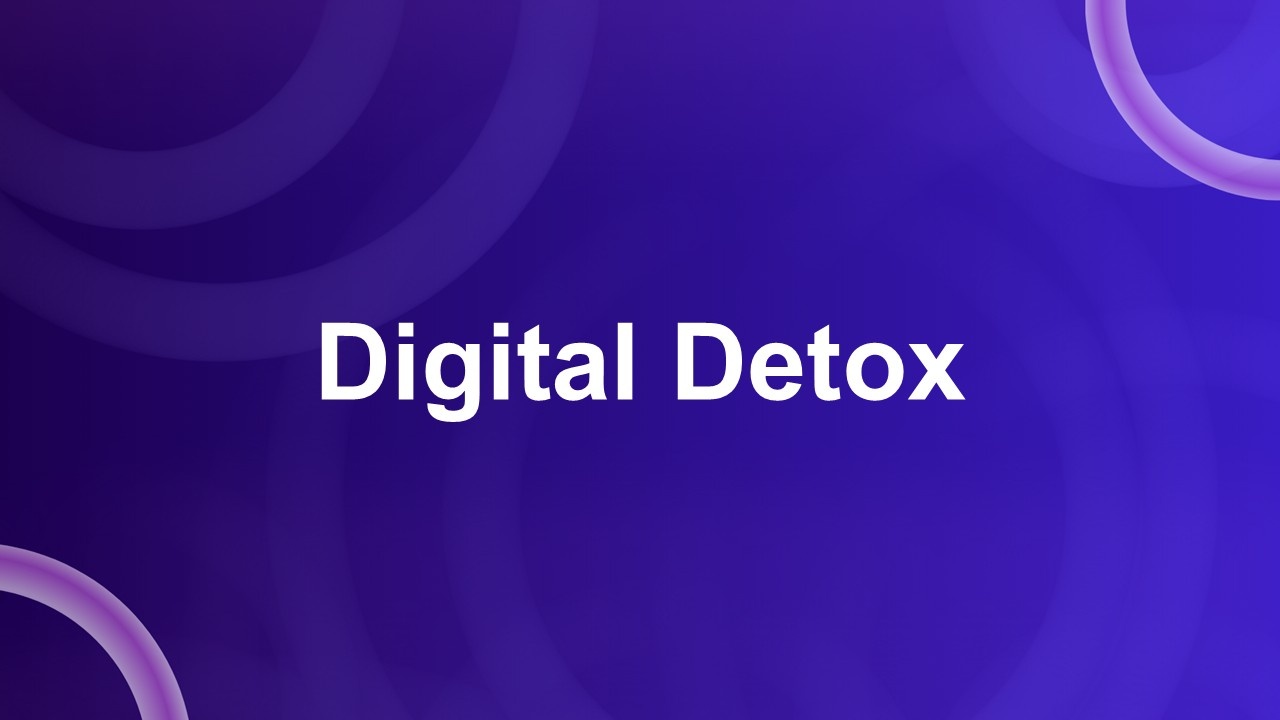 Digital detox template with purple gradient background, soft circular rings, minimal design, and centered white title text.
