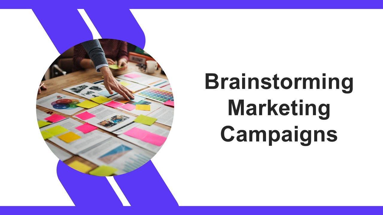 Brainstorming marketing campaigns template with team hands, sticky notes on table, purple shapes, white background for idea planning.
