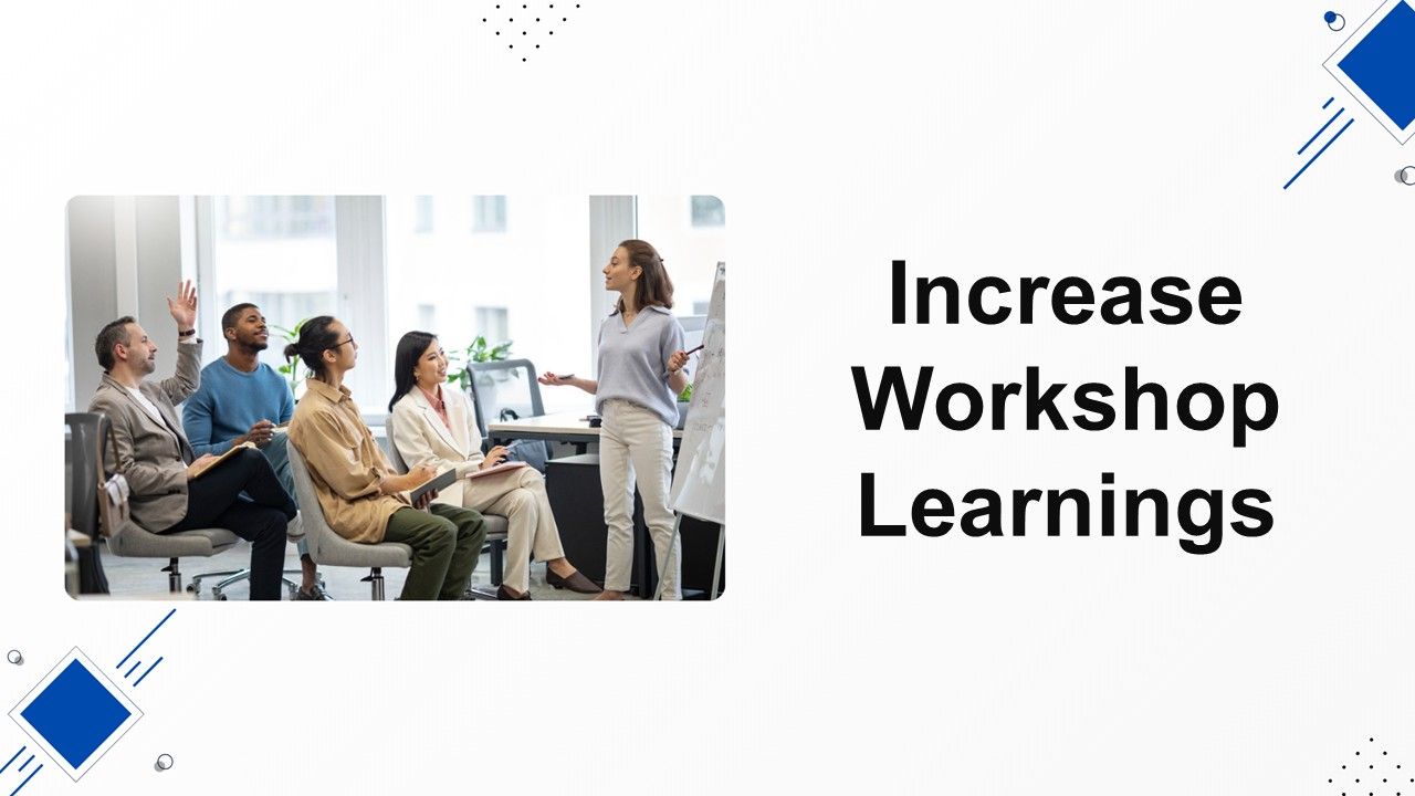 Increase workshop learnings template showing team training session, presenter with flip chart, white and blue layout, learning focus.