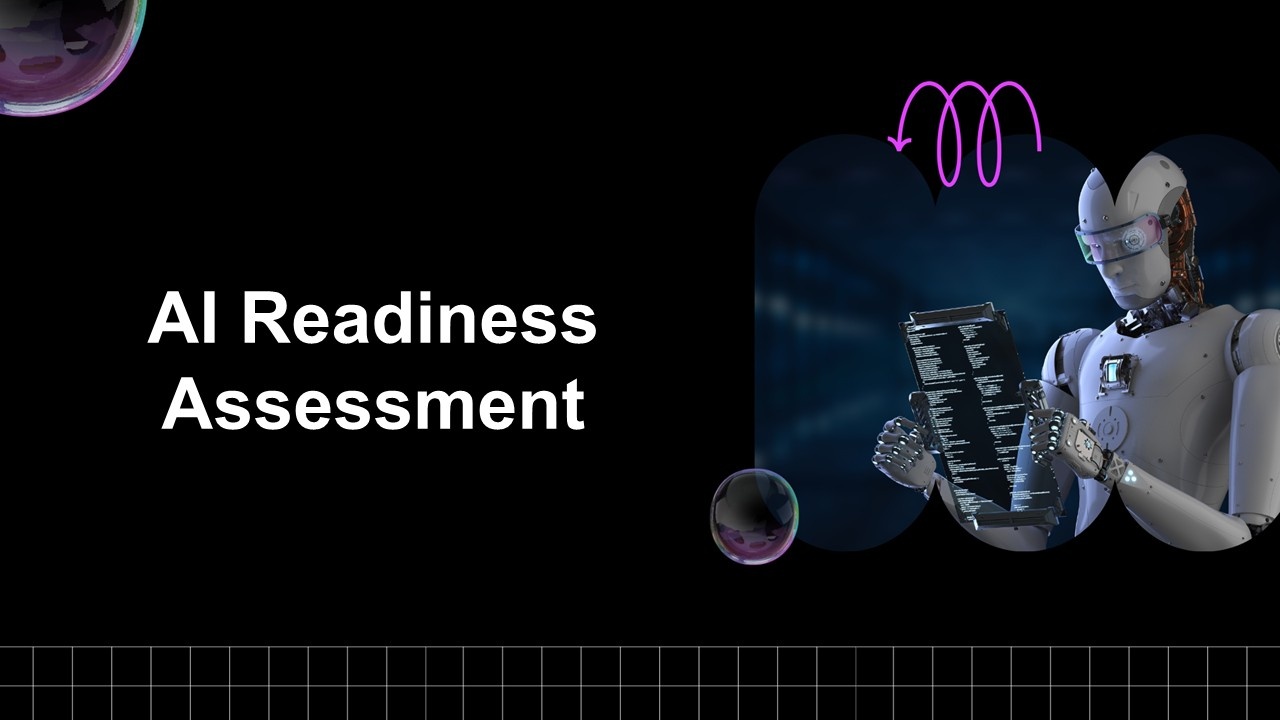 AI readiness assessment design showing AI robot analysis, black backdrop, tech grid footer, and modern visual elements.
