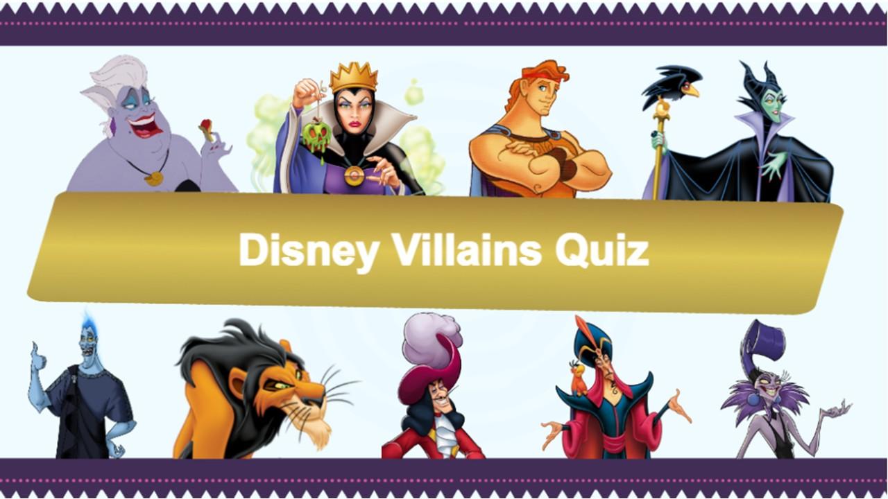 Disney Villains Quiz slide with iconic villains surrounding a gold title banner, soft background colors, and purple decorative borders.