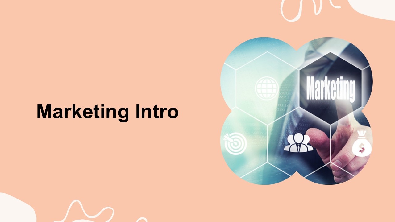 Marketing Intro cover showing black text, soft peach background, hexagon image, business and marketing symbols.