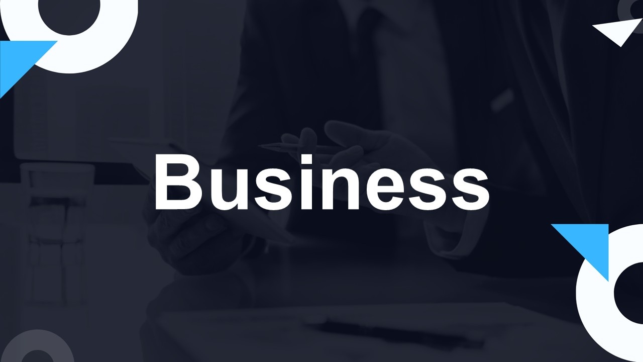 Business template with dark blue overlay, white bold text, abstract triangles and circles over professional hands holding documents.