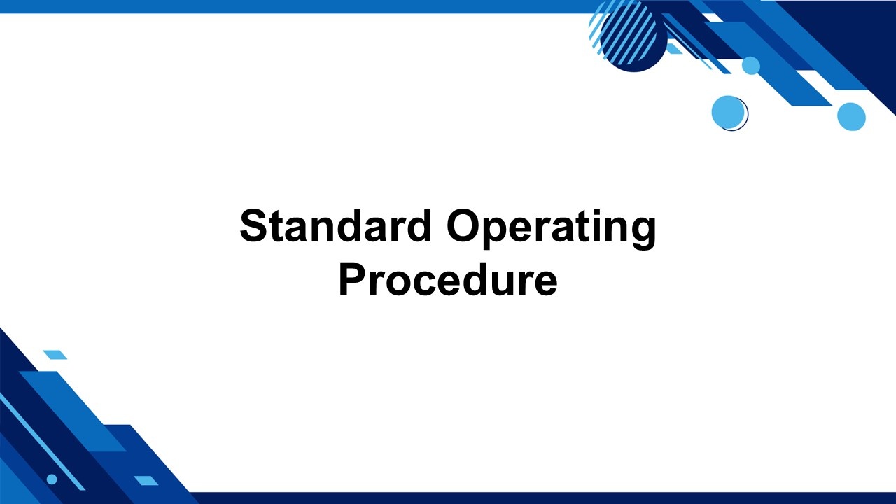 Standard operating procedure template with simple typography, blue abstract elements, and formal documentation style.