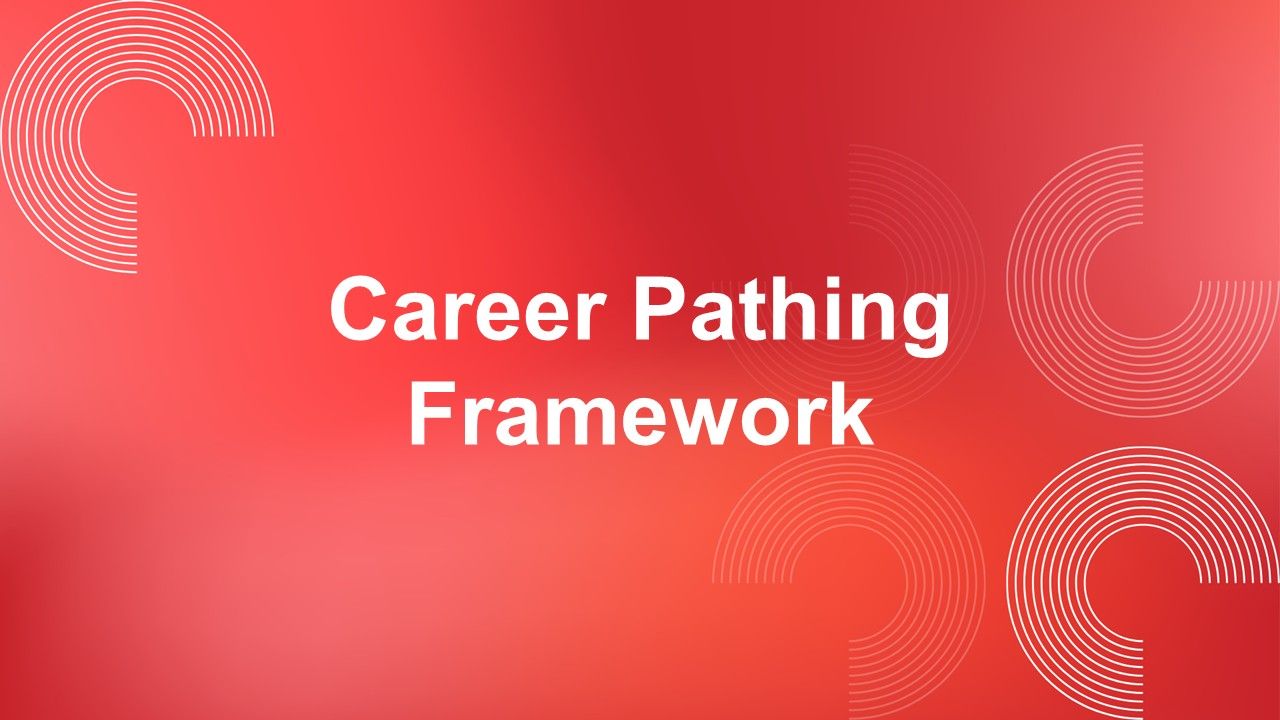 Career pathing framework template with red gradient background, circular line patterns, and employee growth planning focus.