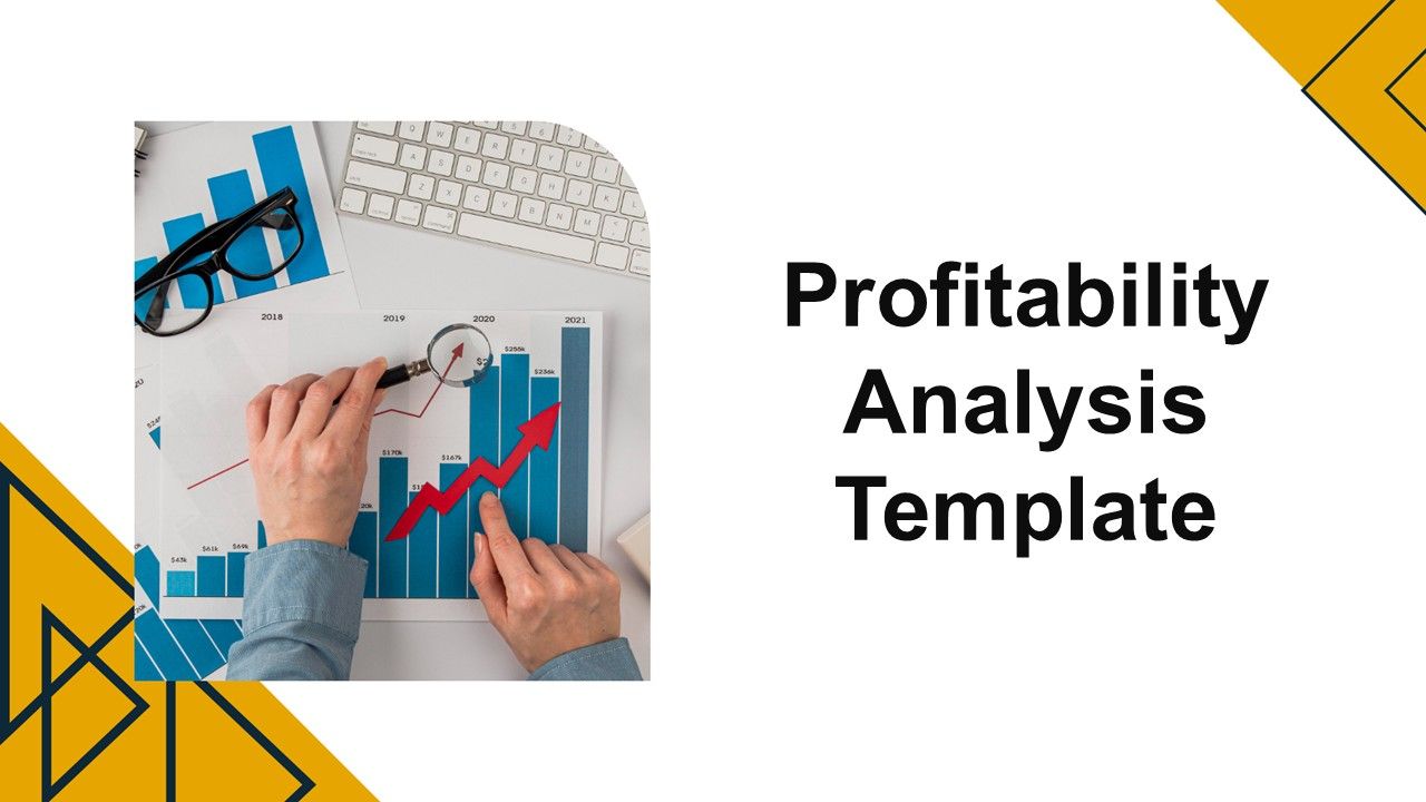 Profitability analysis template showing blue bar chart, red growth arrow, hands analyzing data on white layout.