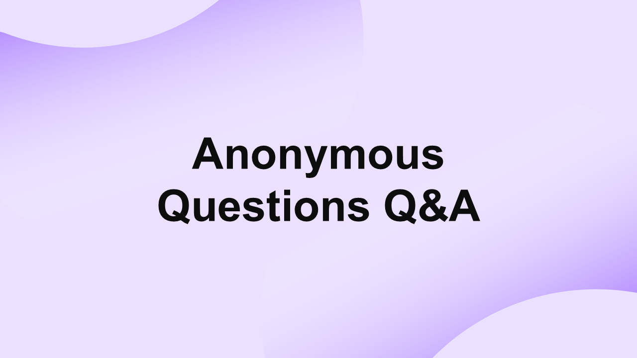 Anonymous questions Q&A template with soft purple gradient background, rounded abstract shapes, and bold centered black text.