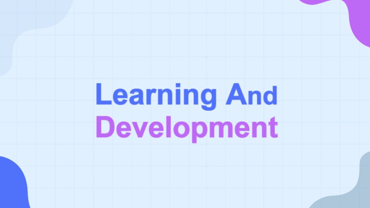 Learning and Development slide with bold text, blue grid background, purple accents, abstract shapes, and modern layout.