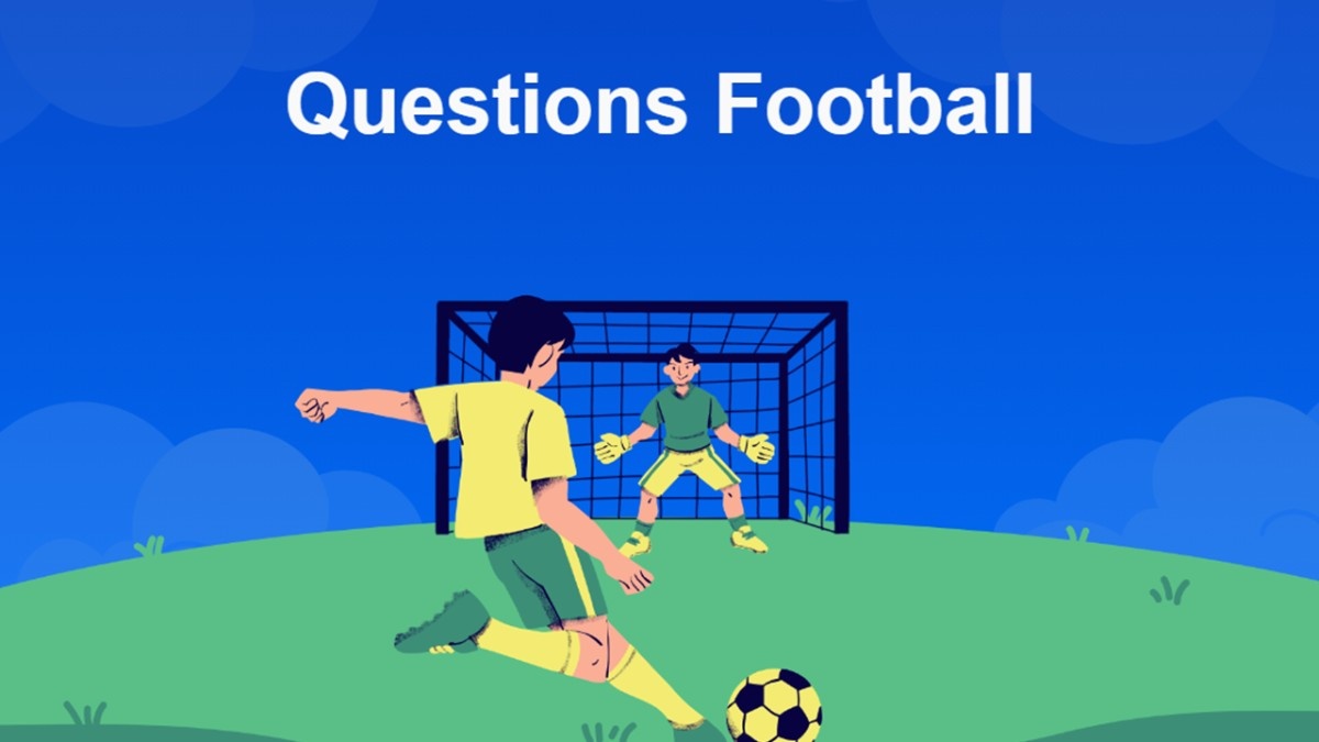 Questions Football cover slide with player kicking ball, goalkeeper at goal, blue background, green field, white title.
