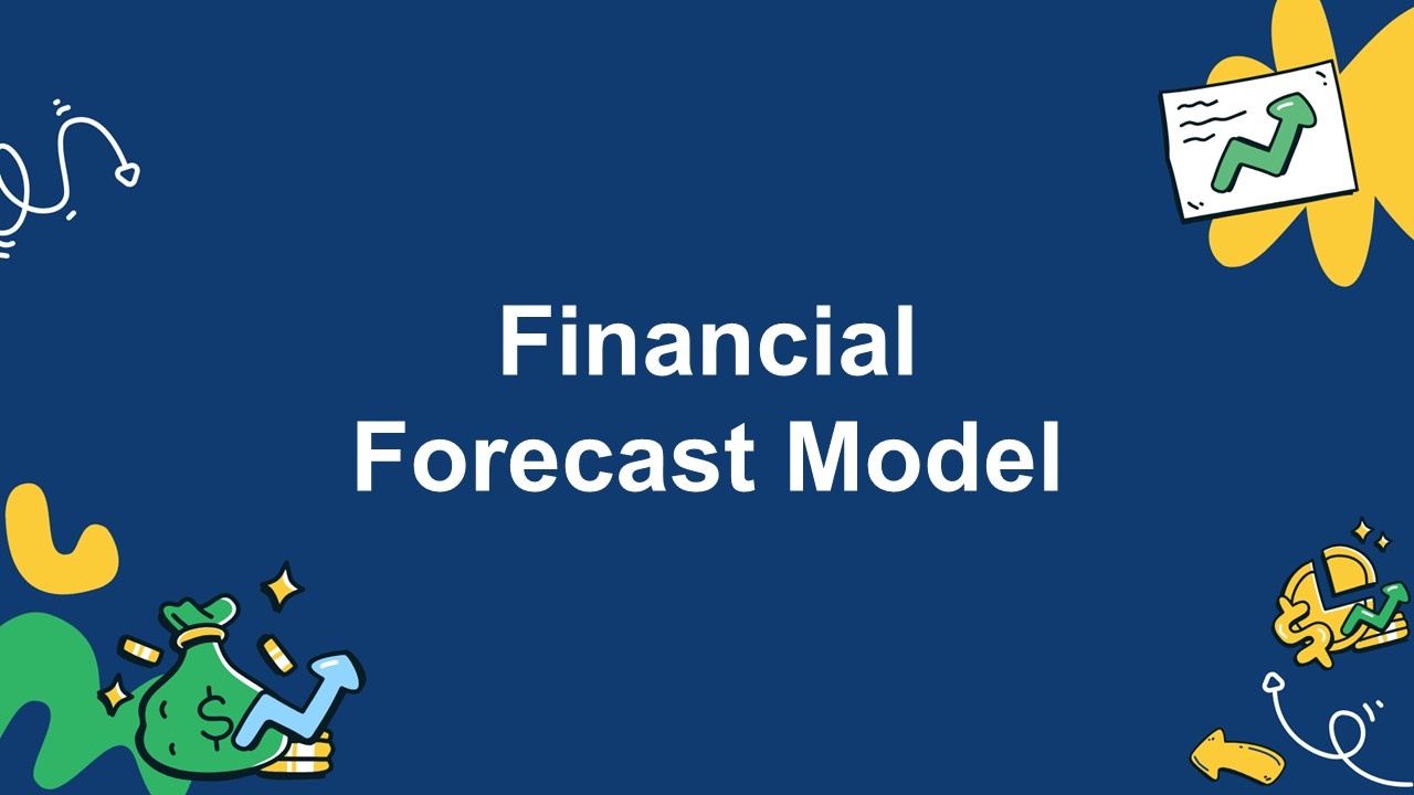 Financial forecast model template with dark blue background, growth icons, money bag, arrows and forecast theme.