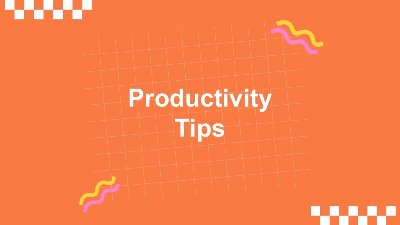 Productivity tips template with white title on orange background, grid pattern, wavy accents, and clean layout.