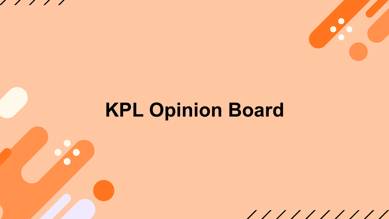 KPL opinion board template with black title on peach background, orange abstract shapes and lines for sharing ideas.