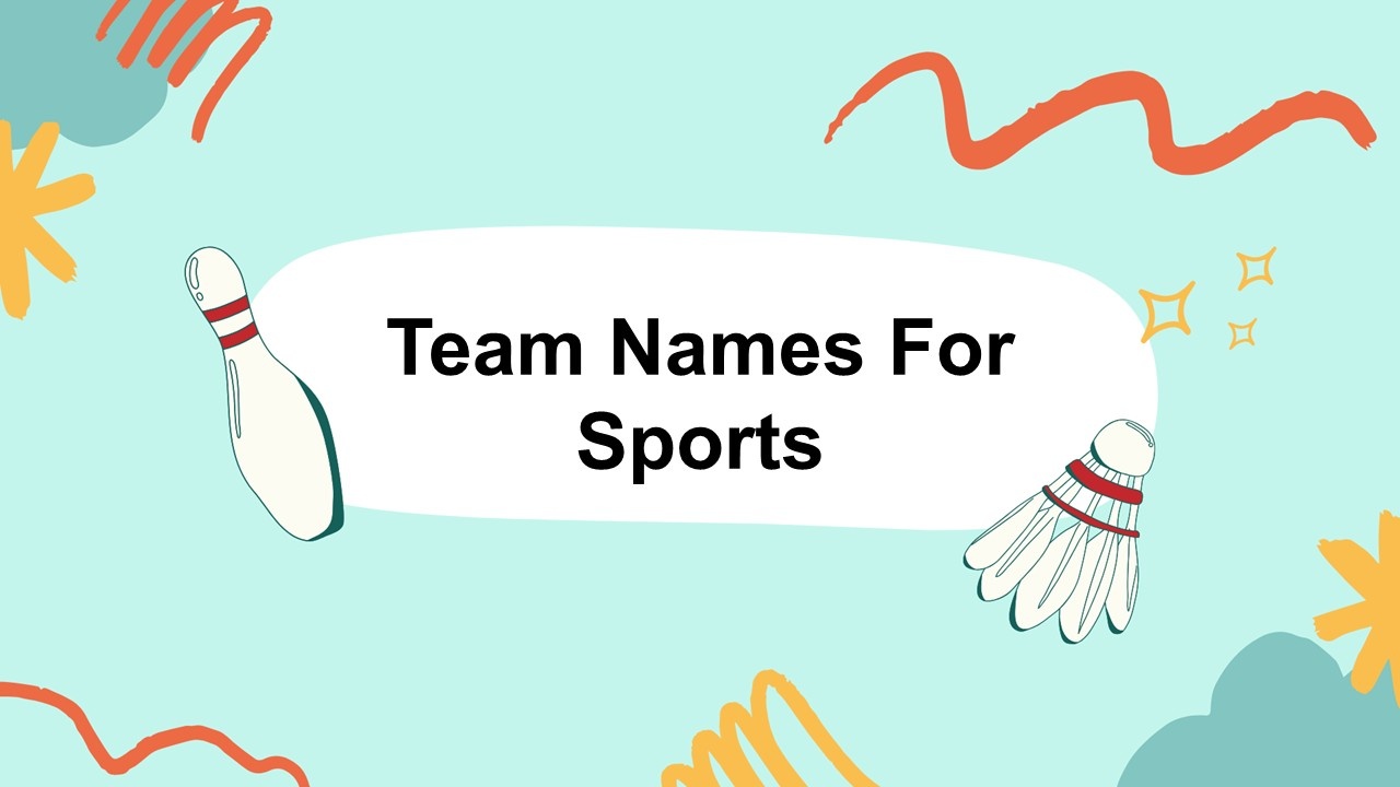Team names for sports template using soft teal colors, sports equipment illustrations, and simple modern layout.