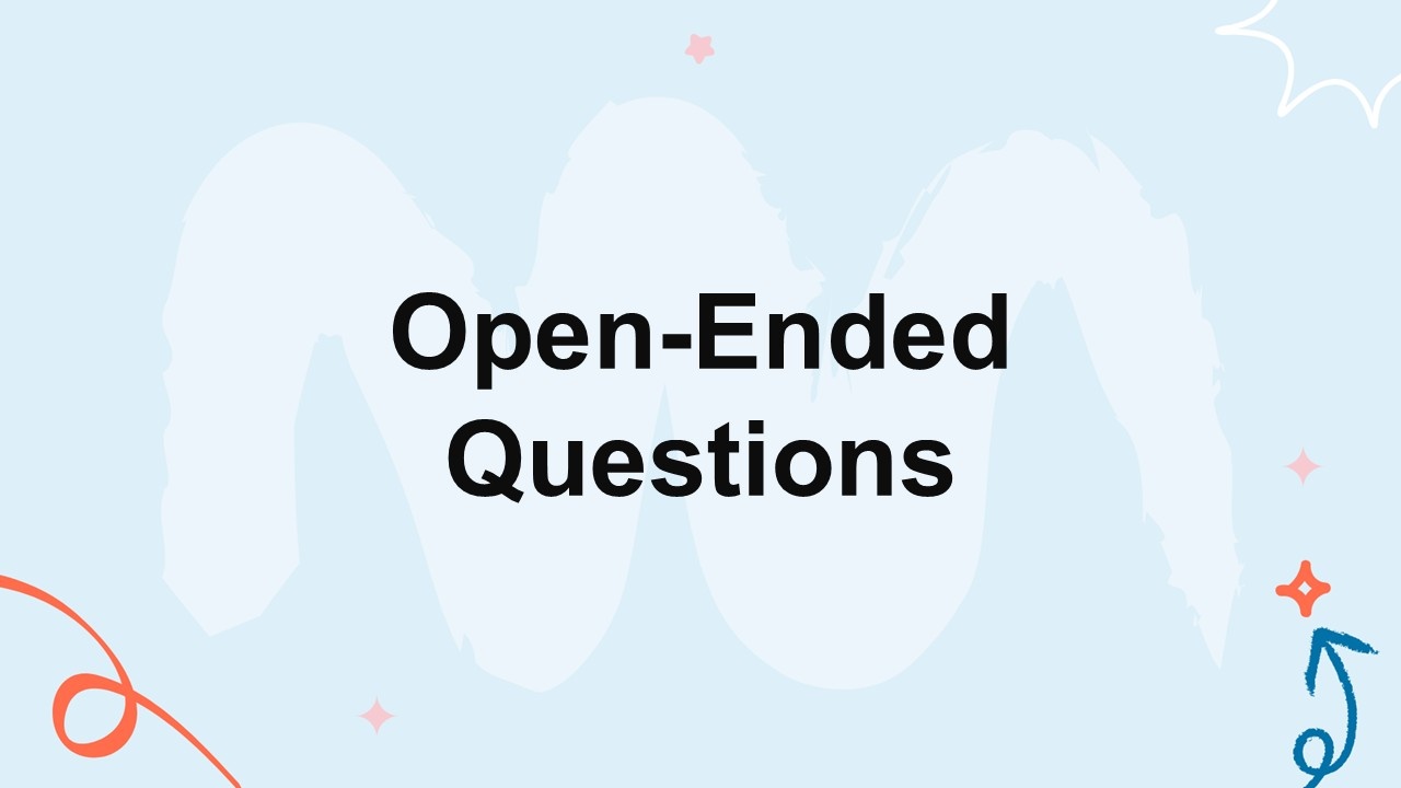 Open-Ended questions template with black text on light blue background, abstract wave shapes, icons, designed for discussion.