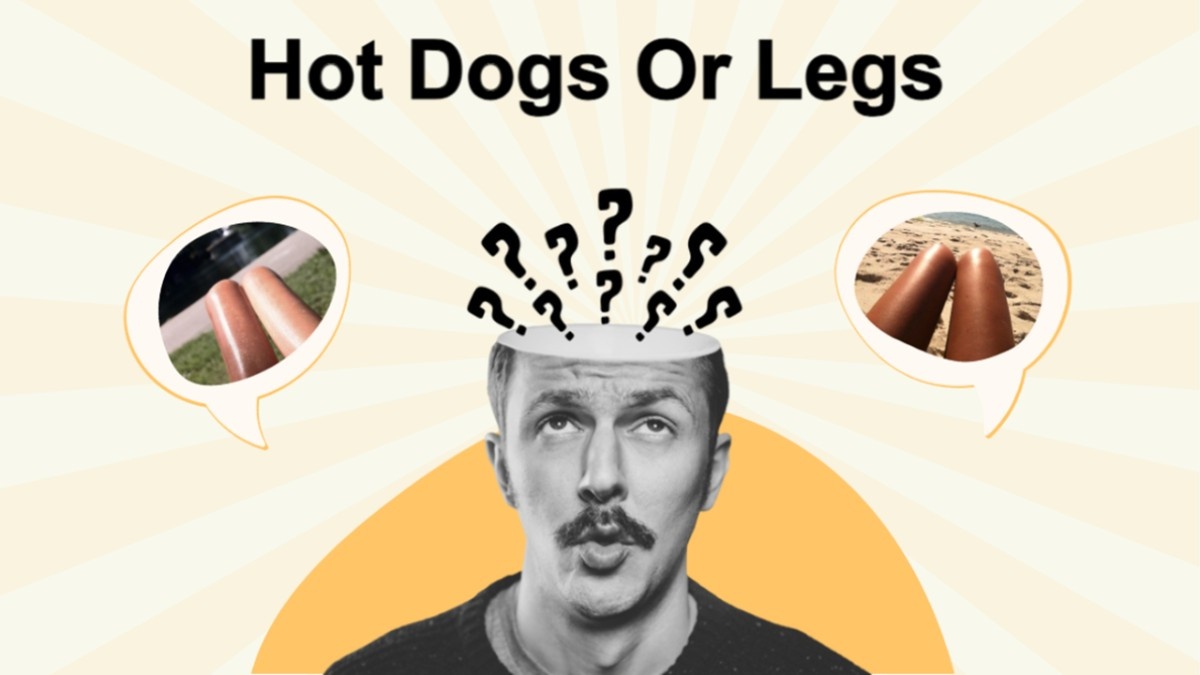 Hot dogs or legs quiz cover with a man thinking, black question marks, and image bubbles of hot dogs and legs on a soft yellow slide.