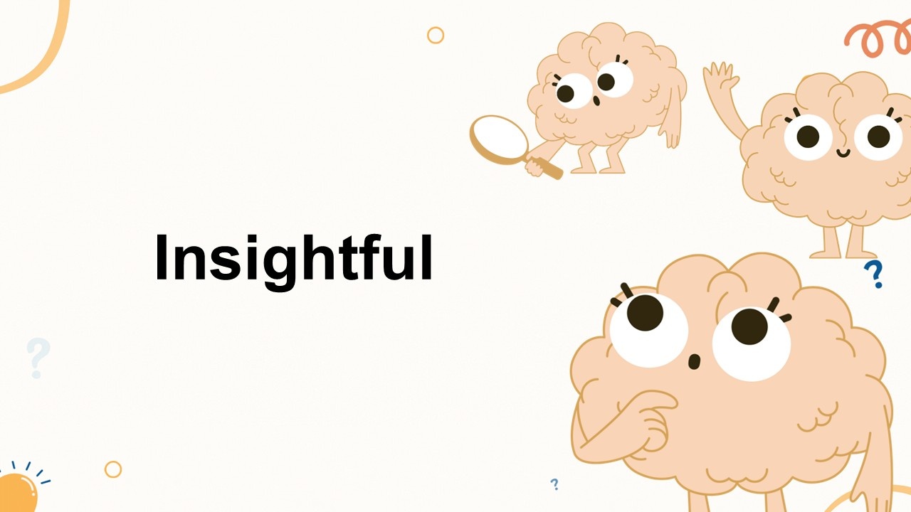 Insightful template with soft beige background, cute brain illustrations, question marks, playful style for thoughtful ideas.