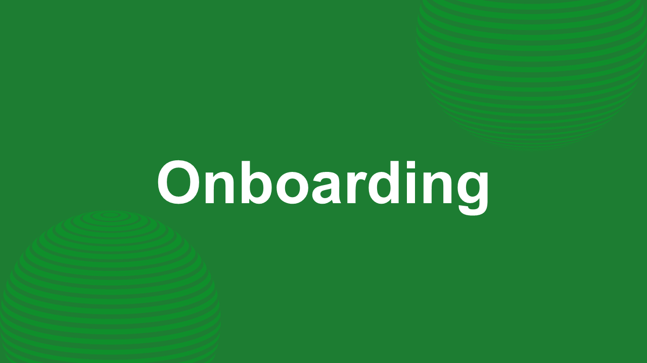 Onboarding template with bold white text on green background, abstract circular line shapes, introducing employee or user onboarding flow.