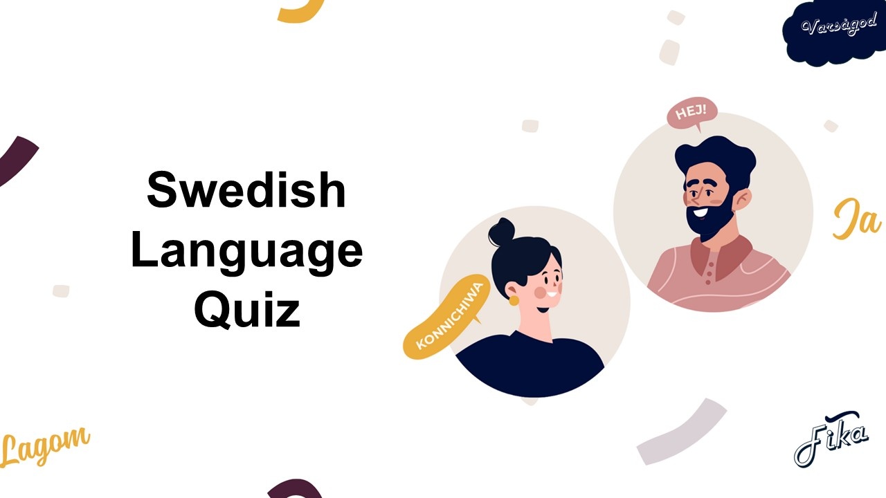 Swedish language quiz intro design with friendly characters, language words, pastel palette, abstract shapes, clean layout.