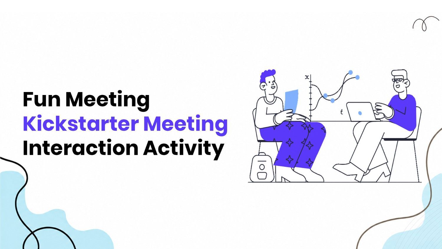 Fun Meeting Kickstarter slide with illustrated coworkers, laptop, chart graphics, and clean layout
