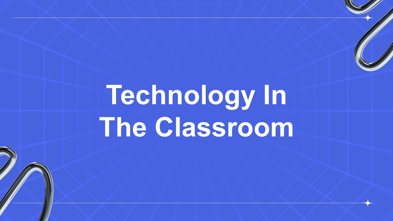 Technology in the classroom template with blue grid background, white title text, and metallic shapes for modern learning topics.